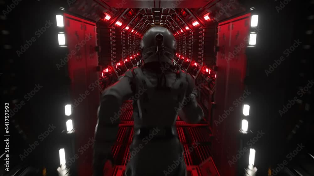 Astronaut runs through a tunnel to another compartment of the space gate. Spaceship and technology concept. 4k animation of seamless loop