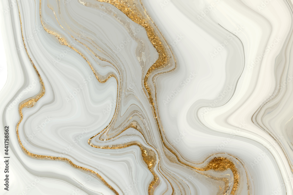 White and gray marble gold veined texture. Light agate ripple background. Vector illustration - obrazy, fototapety, plakaty 