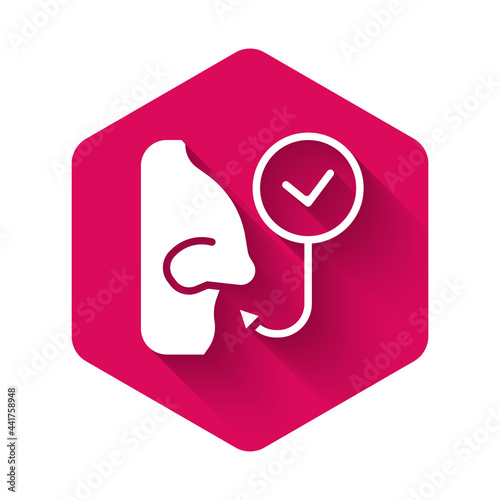 White Healthy breathing icon isolated with long shadow background. Breathing nose. Pink hexagon button. Vector
