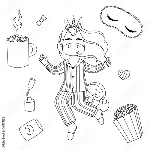 vector illustration of a unicorn on the theme of a pajama party for coloring books, children's illustration
