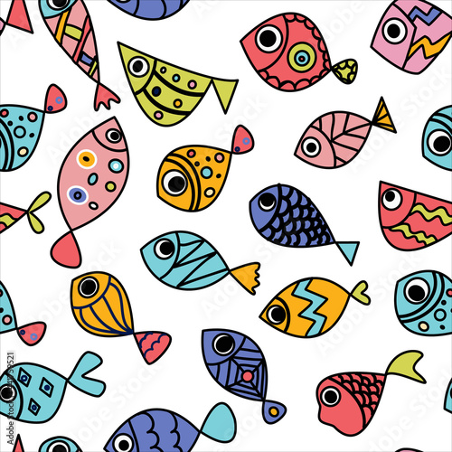 Seamless pattern whith cute hand draw fishes. Line art doodle illustration whith bright exotic fishes.