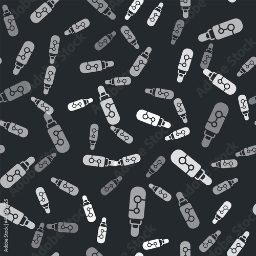 Grey Electronic cigarette icon isolated seamless pattern on black background. Vape smoking tool. Vaporizer Device. Vector