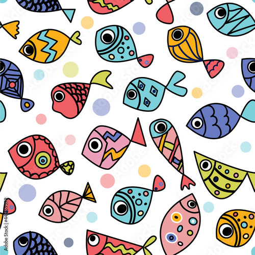 Seamless pattern whith cute hand draw fishes. Line art doodle illustration whith bright exotic fishes.