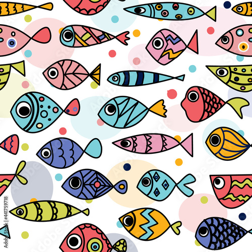 Seamless pattern whith cute hand draw fishes. Line art doodle illustration whith bright exotic fishes.