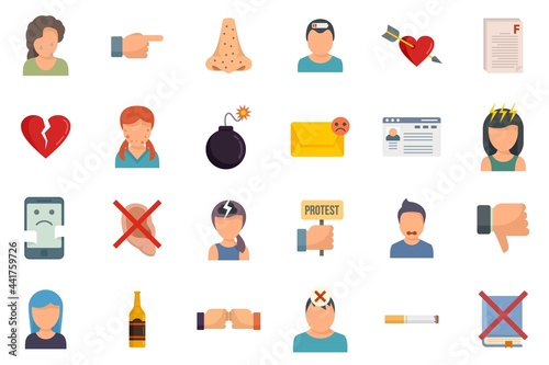 Teen problems icons set flat vector isolated