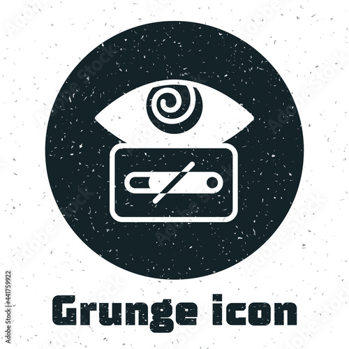 Grunge Hypnosis icon isolated on white background. Human eye with spiral hypnotic iris. Monochrome vintage drawing. Vector