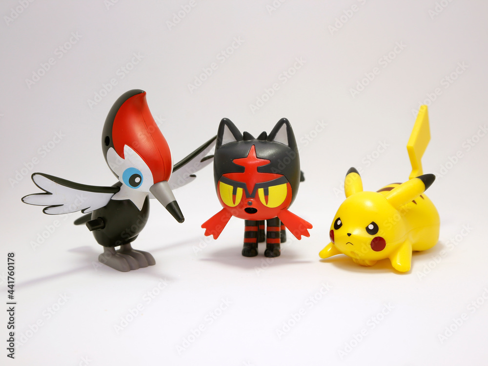 Pokemon Pikipek Cat Litten and Pikachu. New Pokemon of the