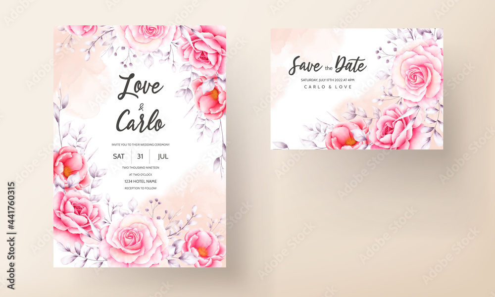 Obraz premium Watercolor red rose wedding invitation card