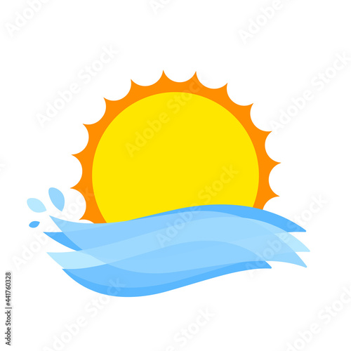 Sun icon, graphic symbol design template, big ocean waves, vector illustration