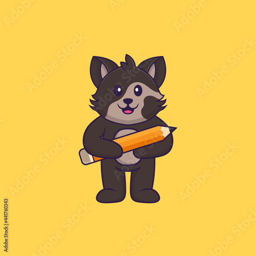 Cute cat holding a pencil. Animal cartoon concept isolated. Can used for t-shirt, greeting card, invitation card or mascot. Flat Cartoon Style