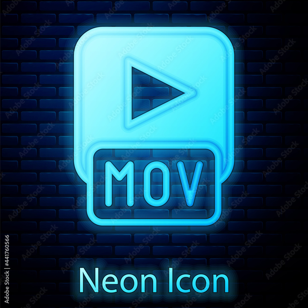 Glowing neon MOV file document. Download mov button icon isolated on brick wall background. MOV file symbol. Audio and video collection. Vector Glowing neon MOV file document. Download mov button icon isolated on brick wall background. MOV file symbol. Audio and video collection. Vector
