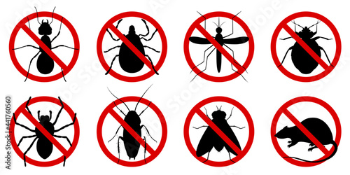 Anti pest control ban, prohibition parasitic insects. Stop, warning, forbidden bug icon set. No, prohibit signs of cockroaches, spiders, fly,mite, ticks, mosquitoes, ants, rats, bug