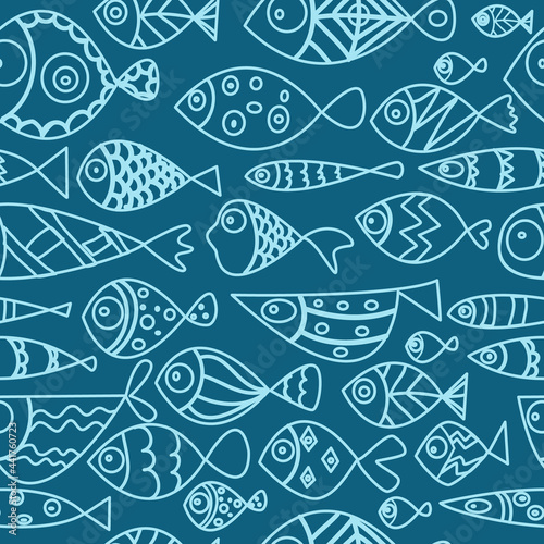 Seamless pattern whith cute hand draw fishes. Line art doodle illustration whith exotic fishes on blue background.