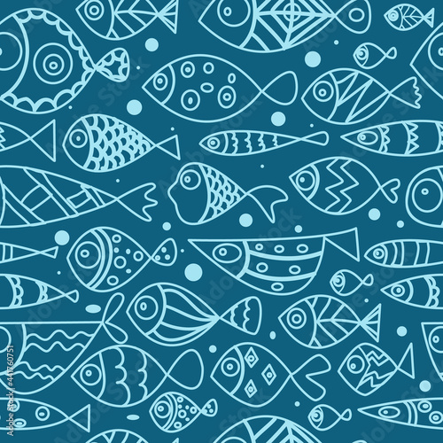 Seamless pattern whith cute hand draw fishes. Line art doodle illustration whith exotic fishes on blue background.