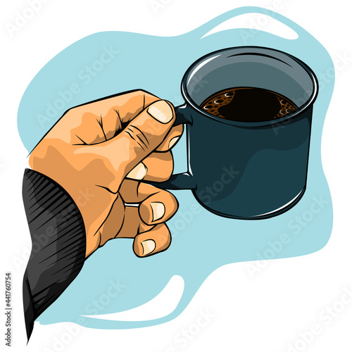 Illustration of a hand hold mug of coffee in vector style