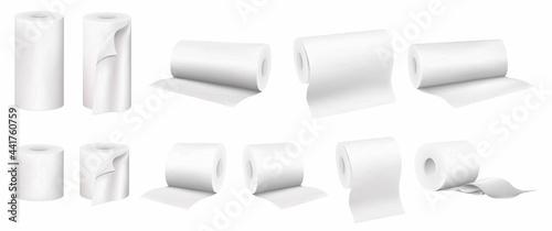 Set of rolled paper towels and toilet paper, vector 3D realistic set isolated on white background