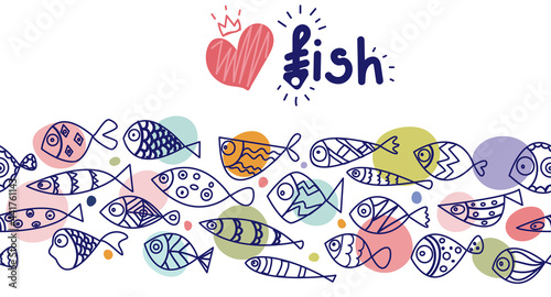 Seamless pattern whith cute hand draw fishes. Line art doodle illustration whith bright exotic fishes.