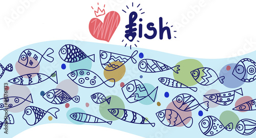 Seamless pattern whith cute hand draw fishes. Line art doodle illustration whith bright exotic fishes.