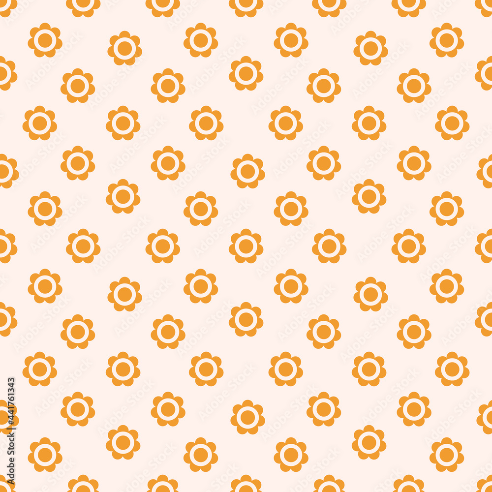 Retro seamless pattern with flowers daisies, in a warm color palette. It can be used for packaging, wrapping paper, textile, home decor, for scrapbooking. Vintage style 60s 70s Retro seamless pattern with flowers daisies, in a warm color palette. It can be used for packaging, wrapping paper, textile, home decor, for scrapbooking. Vintage style 60s 70s