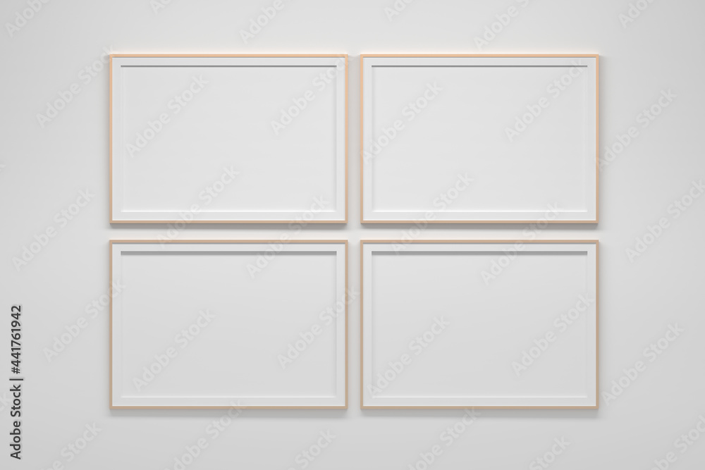 Mockup template with four horizontal A4 frames on white wall Mockup template with four horizontal A4 frames on white wall