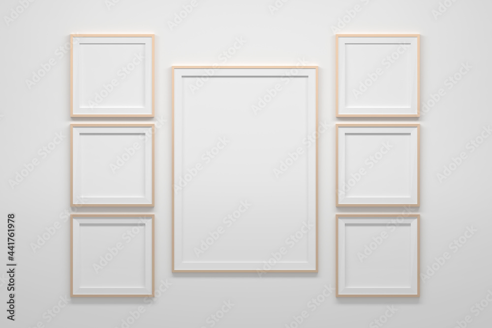Mockup template with one large A4 frame and two sets of three square frames