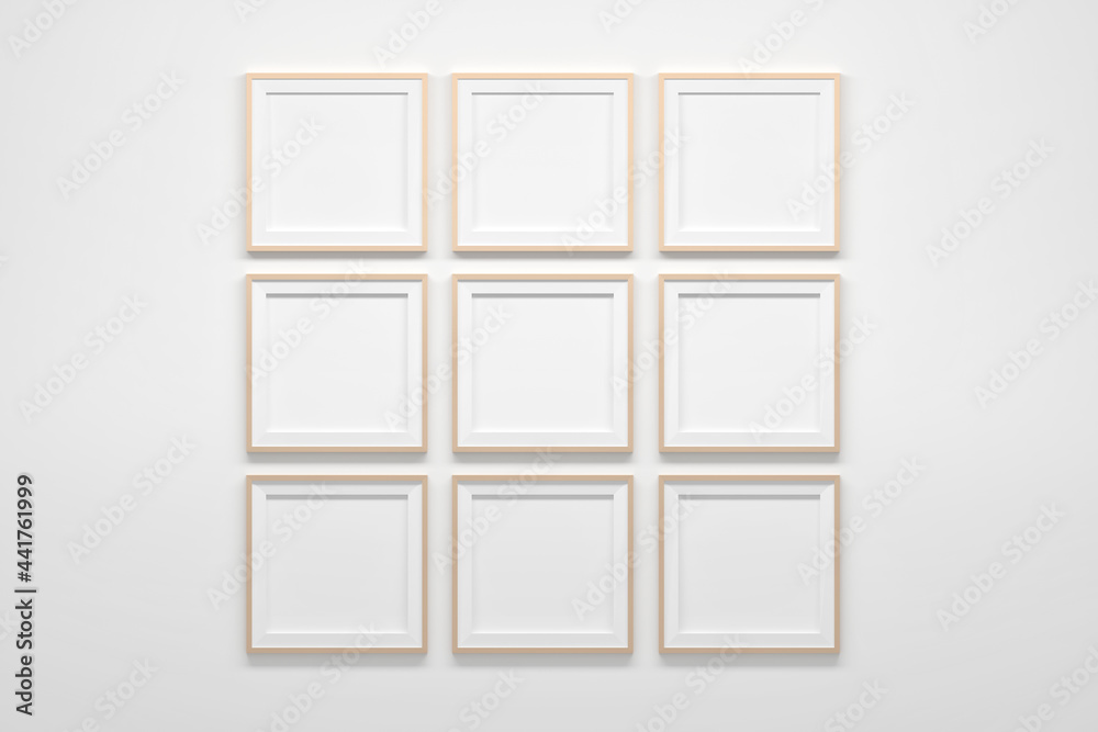 Mockup template with nine 9 square frames with light brown narrow border