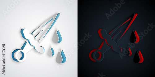 Paper cut Sword with blood icon isolated on grey and black background. Medieval weapons knight and soldier. Symbol of murder. Paper art style. Vector