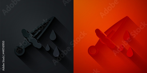 Paper cut Sword with blood icon isolated on black and red background. Medieval weapons knight and soldier. Symbol of murder. Paper art style. Vector