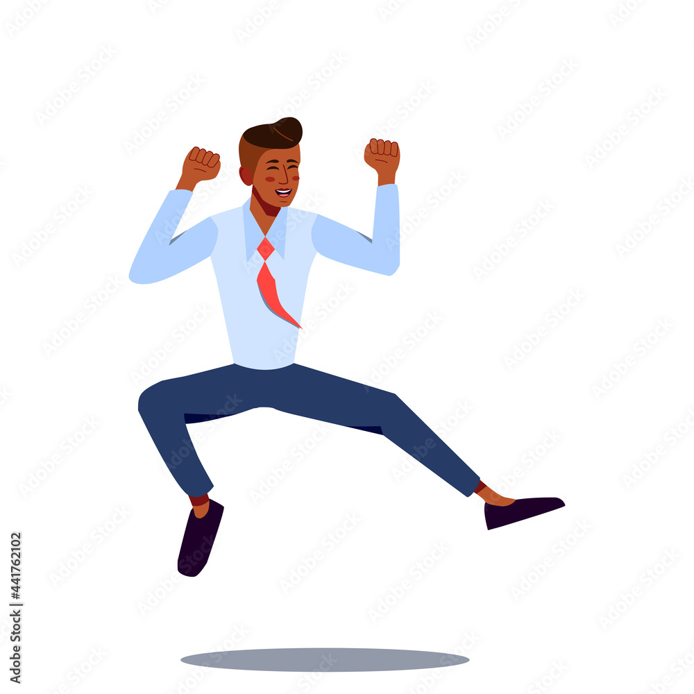 Happy Office Worker Jumping for Joy. Fun Young Black Man in Tie Jumping with Raised Hands. Laughing Businessman Celebrates Success. Cartoon vector illustration. Happy Office Worker Jumping for Joy. Fun Young Black Man in Tie Jumping with Raised Hands. Laughing Businessman Celebrates Success. Cartoon vector illustration.