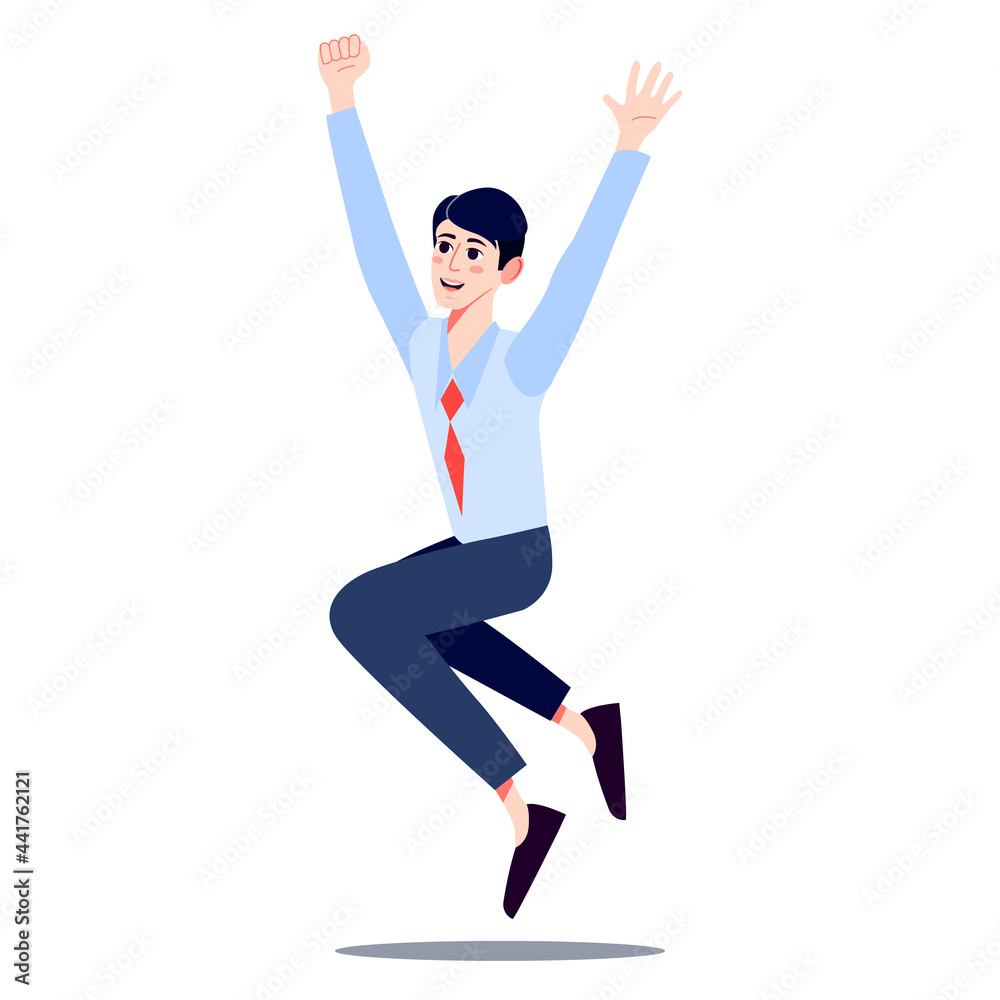 Fototapeta premium Happy Office Worker Jumping for Joy. Fun Young Man in Tie Jumping with Raised Hands. Laughing Businessman Celebrates Success. Cartoon vector illustration.