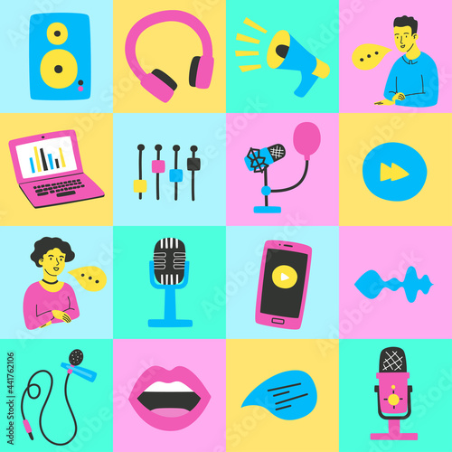 Pop art poster on the topic of a podcast with bright icons in a flat style.