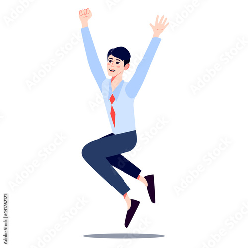 Happy Office Worker Jumping for Joy. Fun Young Man in Tie Jumping with Raised Hands. Laughing Businessman Celebrates Success. Cartoon vector illustration.