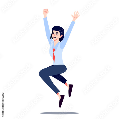 Happy Office worker jumping for joy. Fun Young Woman in tie jumping with raised hands. Laughing businesswoman celebrate success. Cartoon vector illustration.