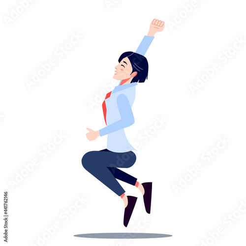 Happy Office worker jumping for joy. Fun Young Woman in tie jumping with raised hands. Laughing businesswoman celebrate success. Cartoon vector illustration.