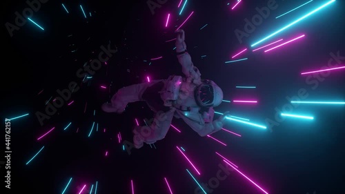Astronaut falling in the corridor of a spaceship. Sci-Fi futuristic space tunnel VJ for titles and background. Neon light. 4k animation of seamless loop photo