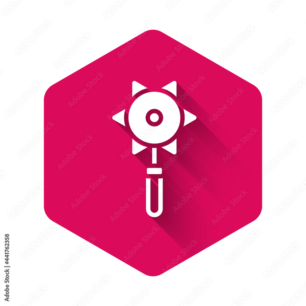 White Medieval chained mace ball icon isolated with long shadow background. Medieval weapon. Pink hexagon button. Vector White Medieval chained mace ball icon isolated with long shadow background. Medieval weapon. Pink hexagon button. Vector