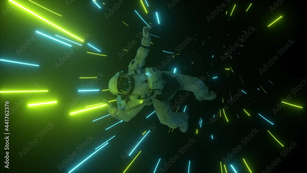 Astronaut falling in the corridor of a spaceship. Sci-Fi futuristic space tunnel VJ for titles and background. Neon light. 4k animation of seamless loop