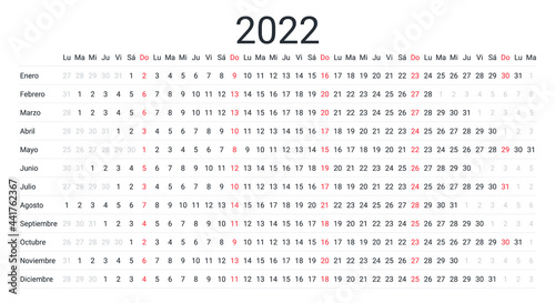 2022 Spanish linear calendar. Horizontal planner for year. Vector. Week starts Monday. Annual schedule grid with 12 months. Yearly calender template. Simple design illustration. Landscape orientation.