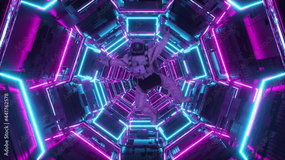 Astronaut falling in the corridor of a spaceship. Sci-Fi futuristic space tunnel VJ for titles and background. Neon light. 4k animation of seamless loop