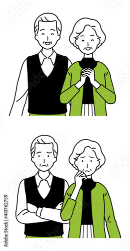 Illustration of a senior couple, smiling and puzzled.