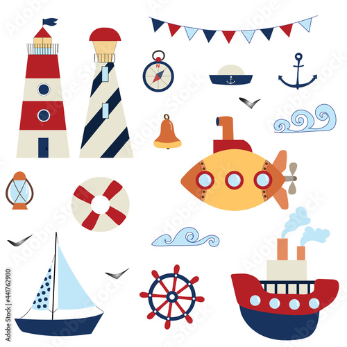 Nautical set. Marine theme. Sea travel. Anchor, steering wheel, ships, lighthouses, seagull, compass, bell, submarine, life buoy.