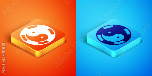 Isometric Yin Yang symbol of harmony and balance icon isolated on orange and blue background. Vector