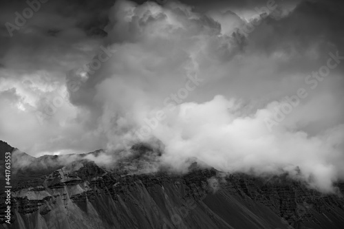 South Iceland. Beautiful nature dramatic landscape in the day. Black and white toned