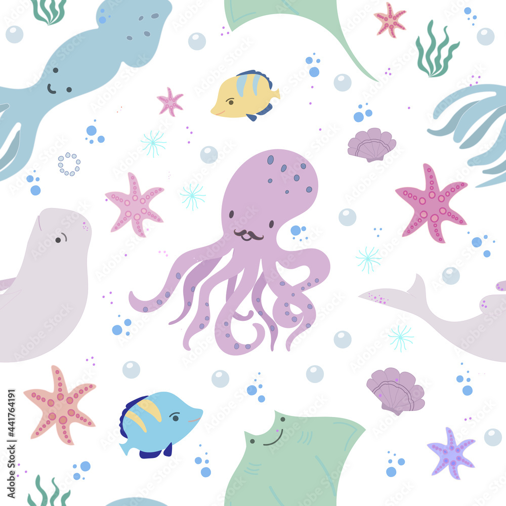 Seamless pattern whith sea animals, fishes, corals and shells. Underwater world, hand drawn doodle vector illustration. Seamless pattern whith sea animals, fishes, corals and shells. Underwater world, hand drawn doodle vector illustration.
