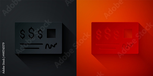 Paper cut Blank template of the bank check and pen icon isolated on black and red background. Checkbook cheque page with empty fields to fill. Paper art style. Vector