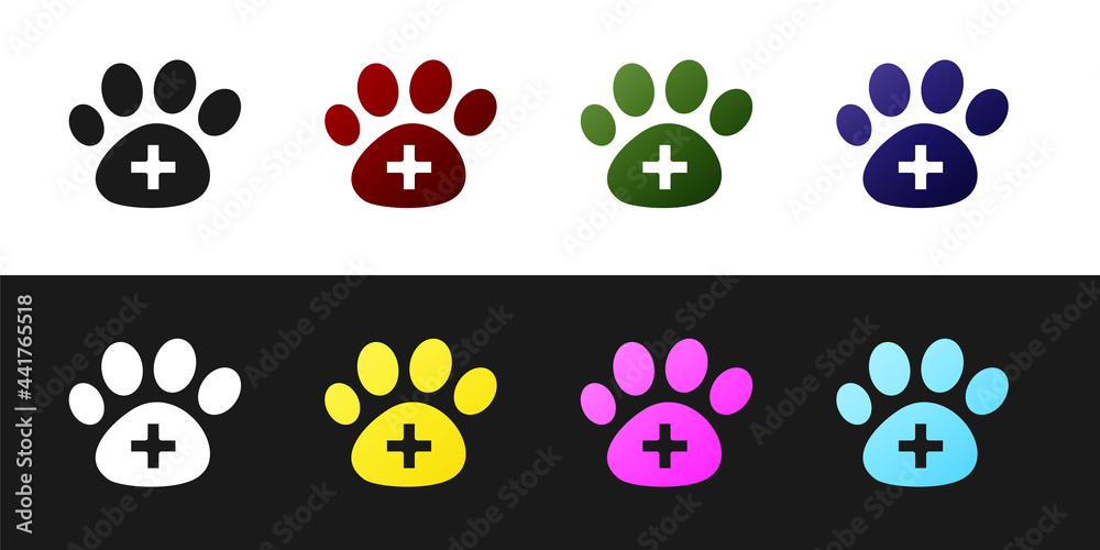 Set Veterinary clinic symbol icon isolated on black and white background. Cross hospital sign. A stylized paw print dog or cat. Pet First Aid sign. Vector