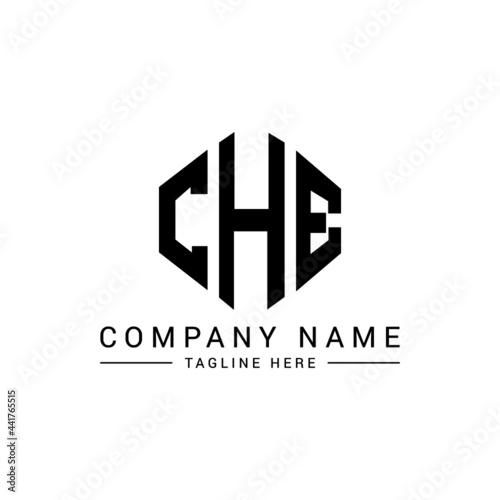 CHE letter logo design with polygon shape. CHE polygon logo monogram. CHE cube logo design. CHE hexagon vector logo template white and black colors. CHE monogram, CHE business and real estate logo. 