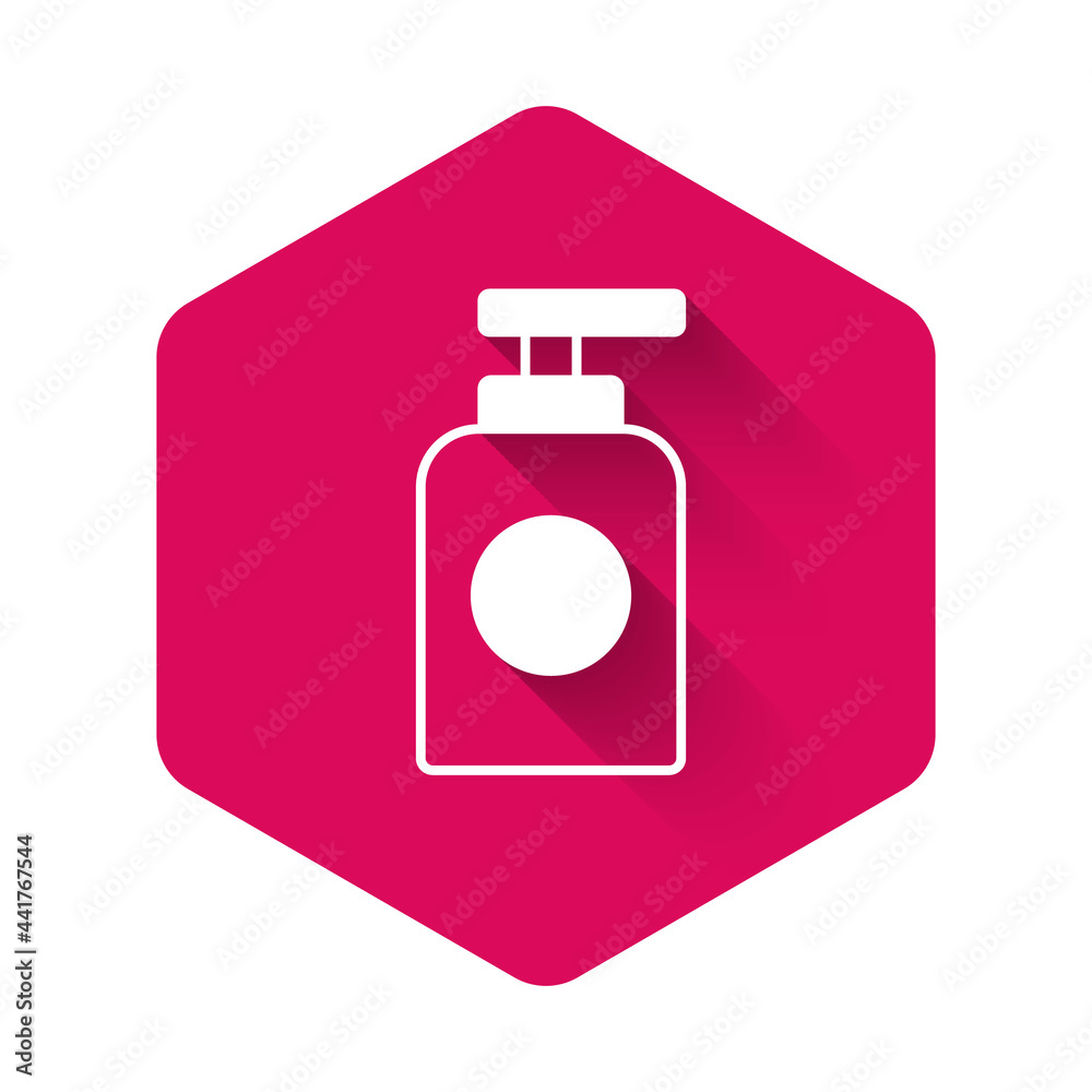 White Tube of hand cream icon isolated with long shadow background. Pink hexagon button. Vector White Tube of hand cream icon isolated with long shadow background. Pink hexagon button. Vector