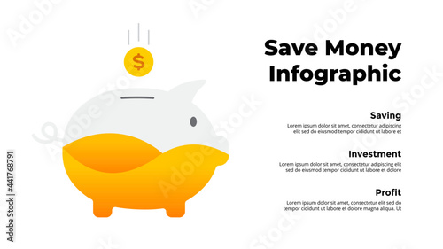 Piggy bank Infographic template slide for your presentation. Saving money concept. Business strategy. Financial investments logo.
