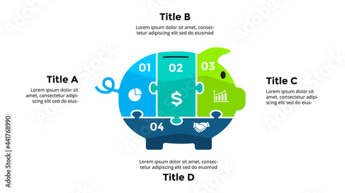 Puzzle piggy bank. Infographic template slide for your presentation. Saving money concept. Business strategy. Financial investments logo.